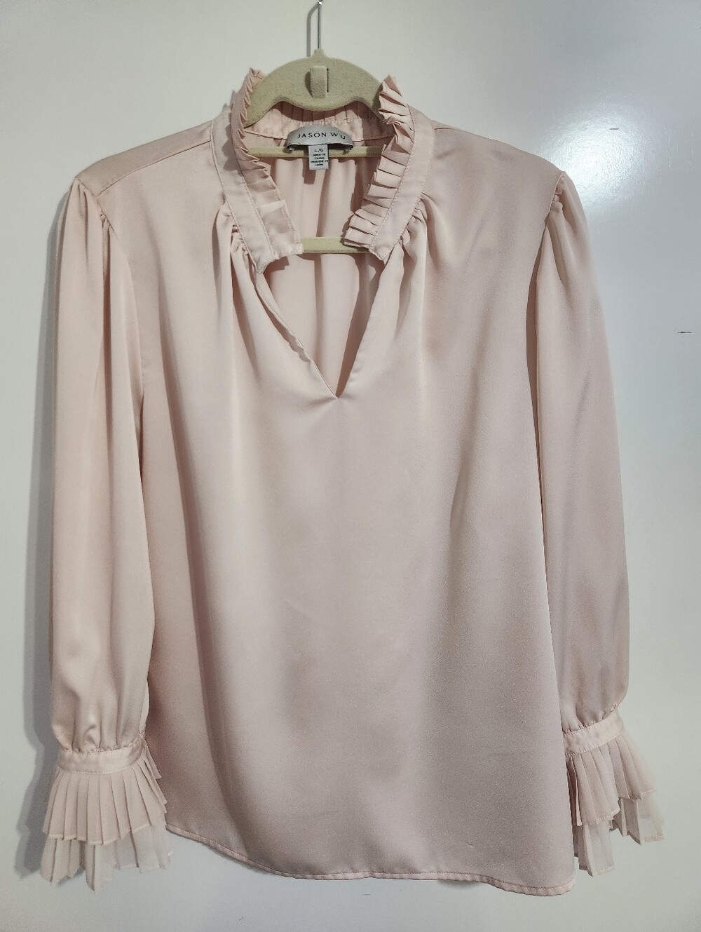 Jason Wu Soft Blush Pleated Cuff Ruffle V-Neck Blouse, Size Large